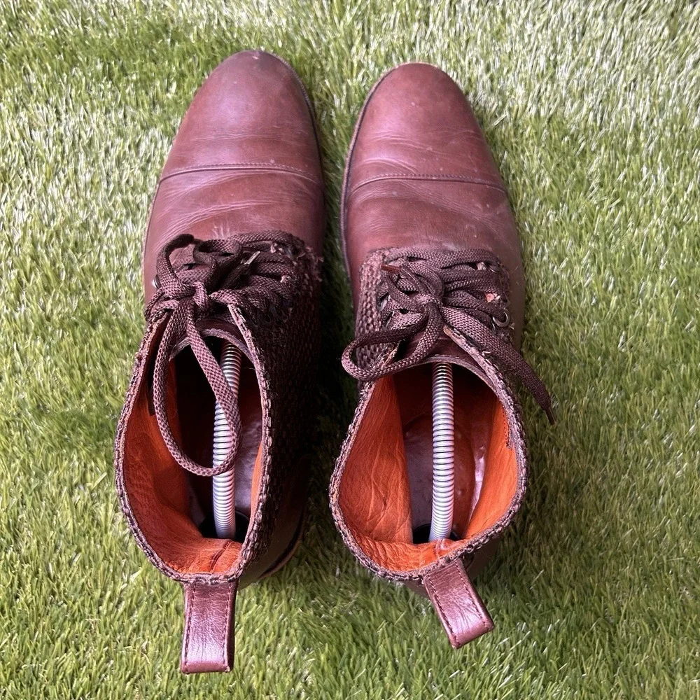 Scott & Lowe Mens Brown‎ Leather Woven Goodyear Welted Cap Toe Lace Up Boots